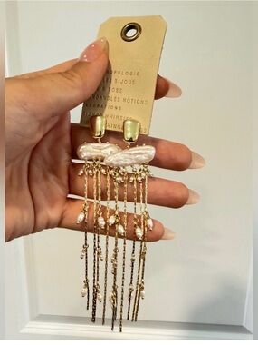 Anthropologie Gold and Pearl Fringe Drop Earrings